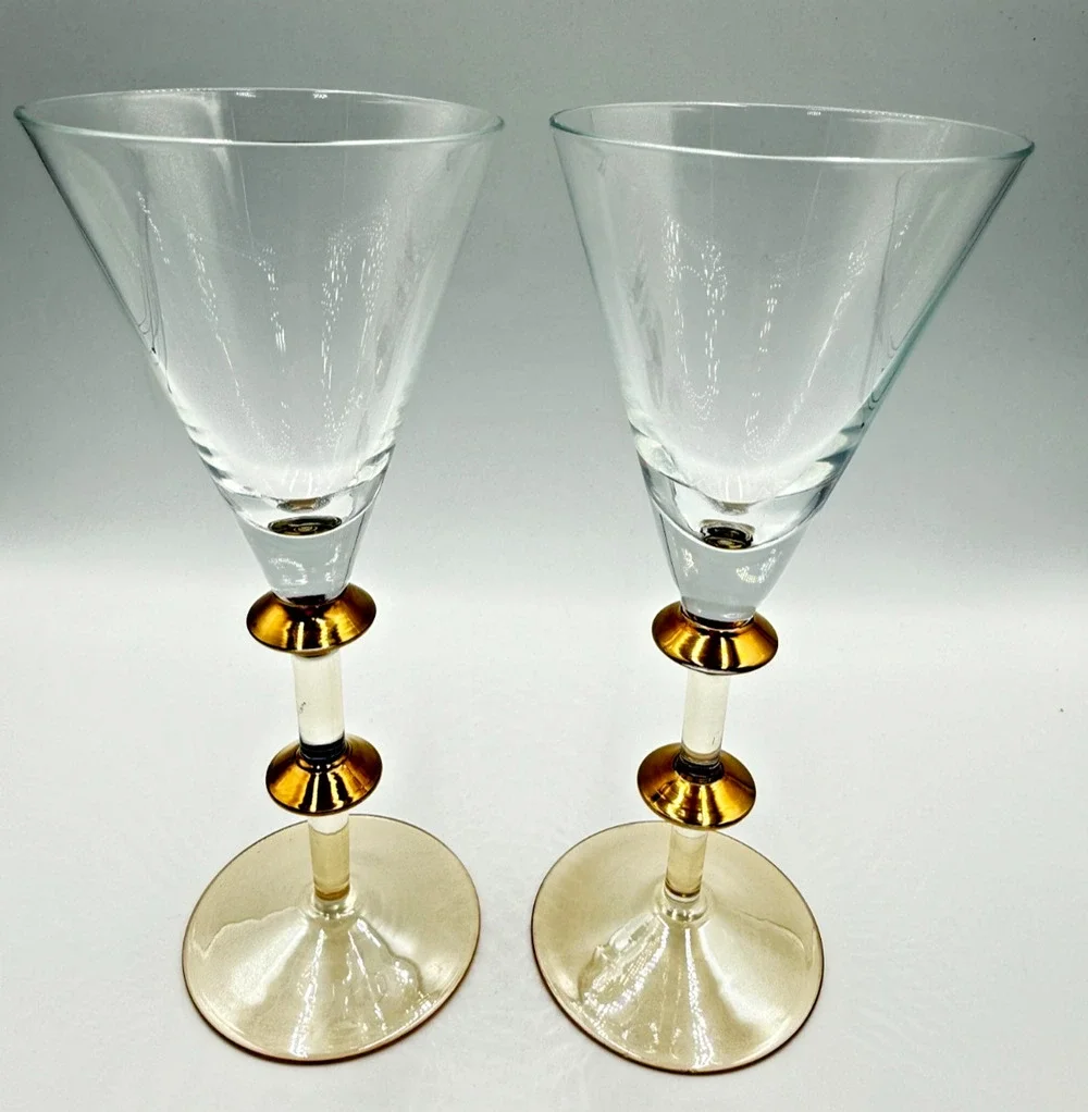 Pier 1 Champagne Flutes P1c71 Gold Disc Stem Iridescent Amber Base V Shaped Bowl